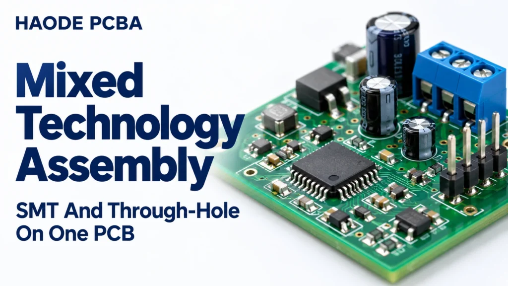 Mixed technology assembly PCB with surface-mount chips, through-hole connectors and a relay