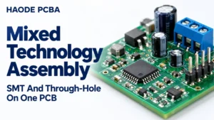 Mixed technology assembly PCB with surface-mount chips, through-hole connectors and a relay