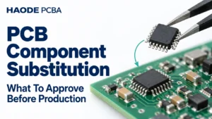 PCB component substitution review comparing an original chip, proposed alternative and approval record